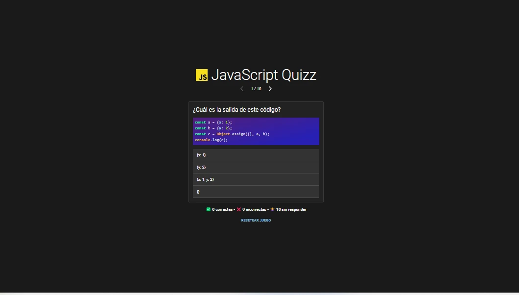 Screenshot of Javascript quizz